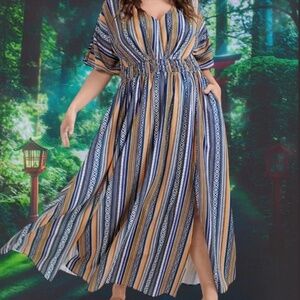 Plus-Size Blue and Tan Striped V-Neck Maxi Dress